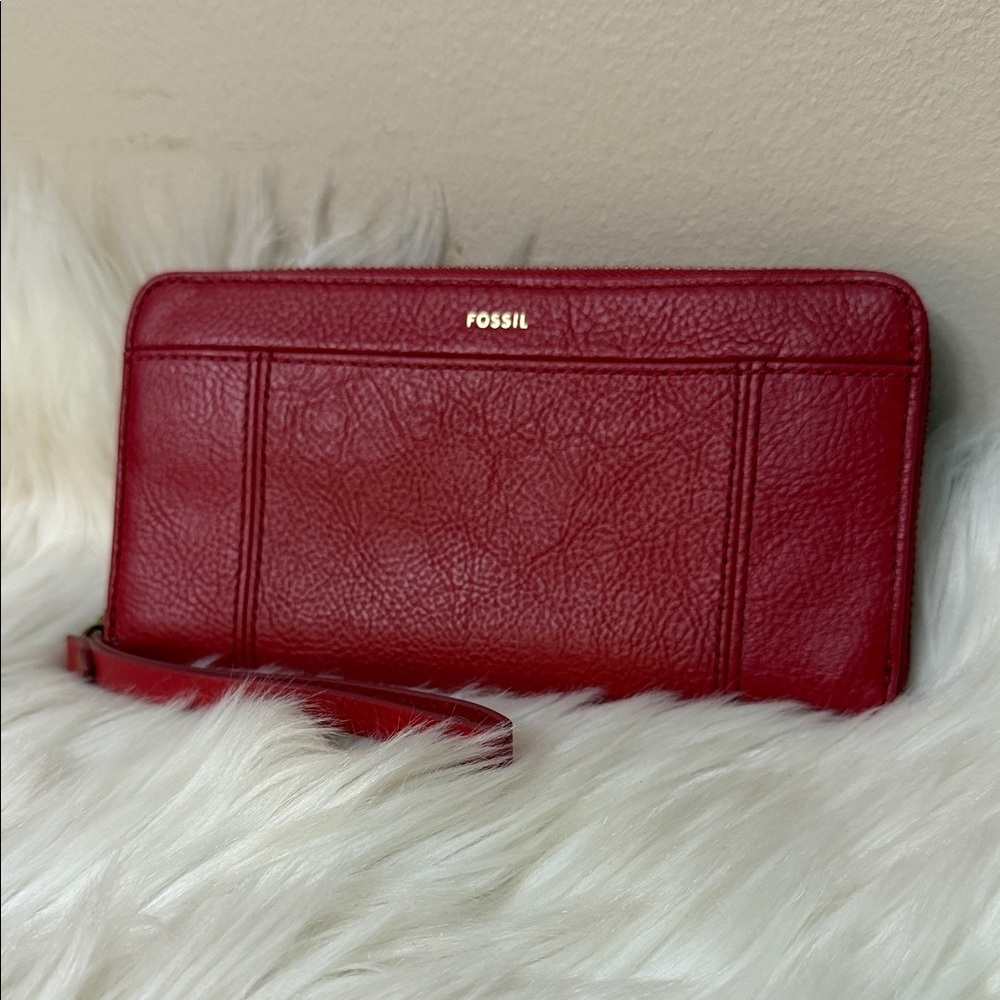 Fossil Red Leather Zip-Around Wristlet with Gold Logo